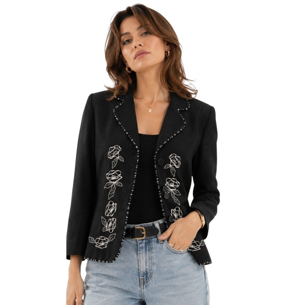 Mary McFadden Blazer Women 12P Black White Floral Embroidered Linen Blend